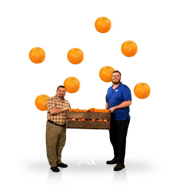 Two men holding a box of oranges